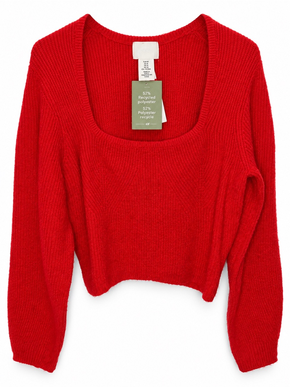 H&M Red Square Neck Ribbed Crop Knit Sweater Balloon Sleeve Medium
